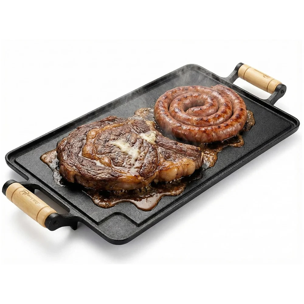 Chapa Bifeteira Grande 42 x 25 cm 2 Alças Madeira De Ferro Fundido - Santana